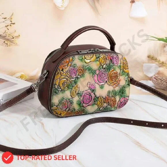 Genuine Leather Satchel Handbag Retro Top Handle Hand Painted Floral